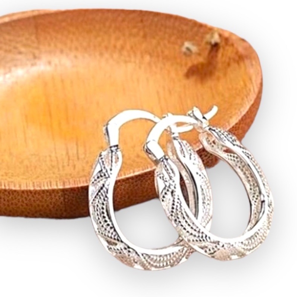 New Sterling Silver Boho Latch Back Diamond Cut Fancy Filigree Hoop Earrings - Picture 3 of 13